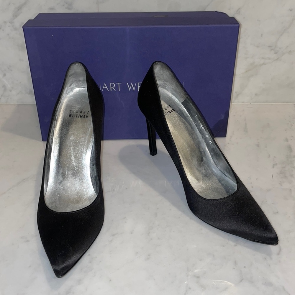 Stuart Weitzman Tipin Black Satin Pointed Toe Pump - image 2